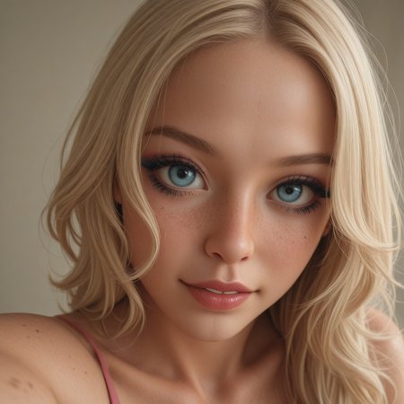 best, masterpiece, Domi with wavy blonde hair and blue eyes, extreme closeup, exotic colorful makeup, model face, model pose, selfie, highly detailed skin texture, freckles, highly detailed photo, professional photograph, dynamic lighting