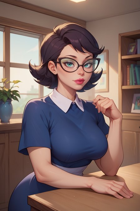 score_9, score_8_up, score_7_up, BREAK, 1girl, solo, mature female, breasts, <lora:eleanorbutterbean-guy-PONYv1:1>, eleanorbutterbean, blue dress, lipstick, short sleeves, glasses, indoors,