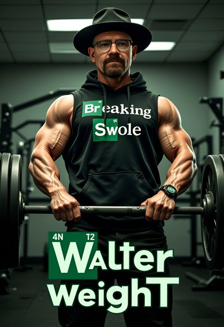 An incredibly muscular Walter White from Breaking Bad, wearing a sleeveless hoodie that reads 'Breaking Swole' in the iconic Breaking Bad font. The first two letters of 'Breaking' and 'Swole' are in green, like the show's title. His biceps, triceps, and shoulders are massive, showcasing a physique of extreme strength. He’s wearing his signature black hat and glasses. Walter is in a gym setting, curling a massive barbell with both hands, with a focused expression. The gym has weights, mirrors, and gym equipment in the background, with a dramatic, slightly gritty lighting reminiscent of the Breaking Bad aesthetic. Underneath the center of the image, add a text overlay that reads 'Walter Weight' in bold, stylized font, similar to the Breaking Bad title font