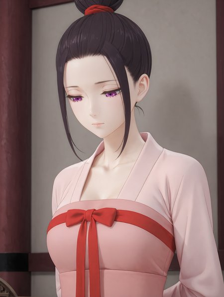 3d, <lora:Ryuu_Jusetsu_v6:0.45>  adult,
ryuu jusetsu, 1girl, solo, purple eyes, single hair bun, red scrunchie, sidelocks, black hair, pink hanfu, red chest bow, long sleeves, pensive, closed mouth, half-closed eyes, standing, arms behind back, looking down, upper body, indoors, wall, east asian architecture