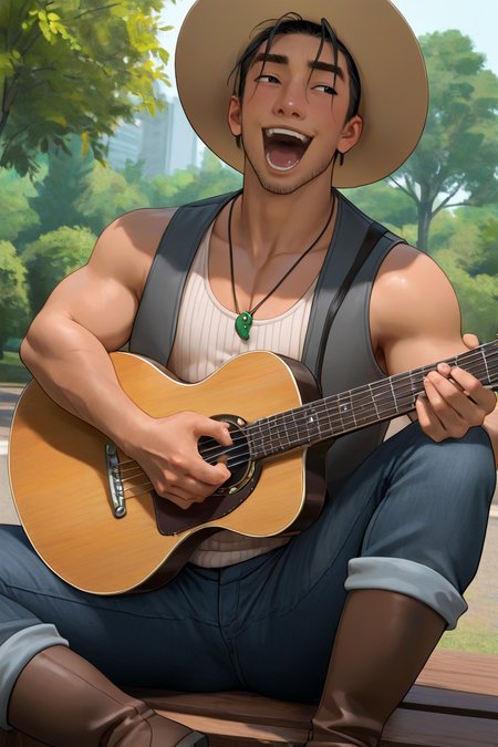 expressive manly face, shadow, dynamic angle, intricately detailed, depth of field, masterpiece, best quality, amazing quality, very aesthetic, absurdres, newest, very awa,  1boy, make focus, solo,coraltheo,black hair,black eyes,facial hair,stubble,hair bun, necklace, jewelry, grey vest, ribbed tank top, hat, jeans, brown boots, sitting, park, playing guitar, holding instrument, happy, open mouth, looking away, 