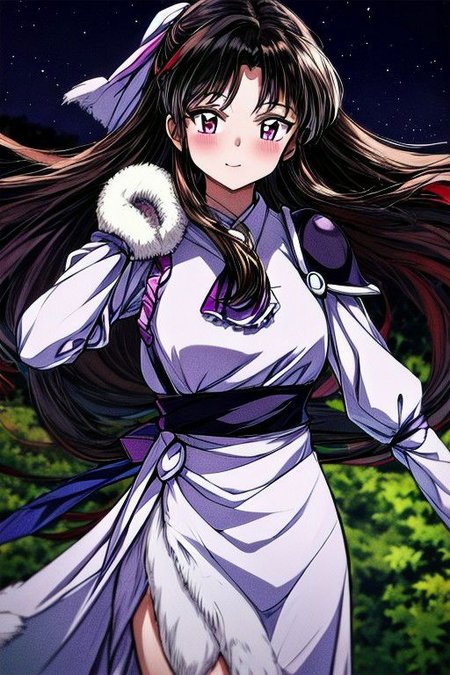 masterpiece,  best quality 1girl Setsun4 solo long hair,  (night time) forest background black hair very long hair purple eyes multicolored hair armor (fur trim) (medium body),<lora:EMS-179-EMS:0.800000>,<lora:EMS-293862-EMS:0.800000> bow, hair_bow, hair_tubes, red_bow, brown_hair, long_hair, bangs, sidelocks, ascot, brown_eyes, frilled_bow, yellow_ascot, blush, smile, hair_between_eyes