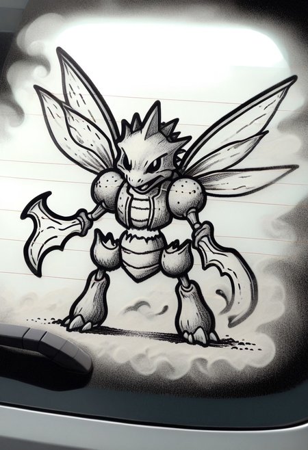 w4shm3, car, doodle,  1boy, solo, (scyther, bladed arms, wings), outline, simple, monochrome