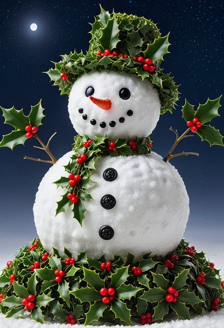 M1STL3T03, (medium full shot) of A snowman made of holly mistletoe, set in the meadow, under the moonlight, stars, , best quality, masterpiece