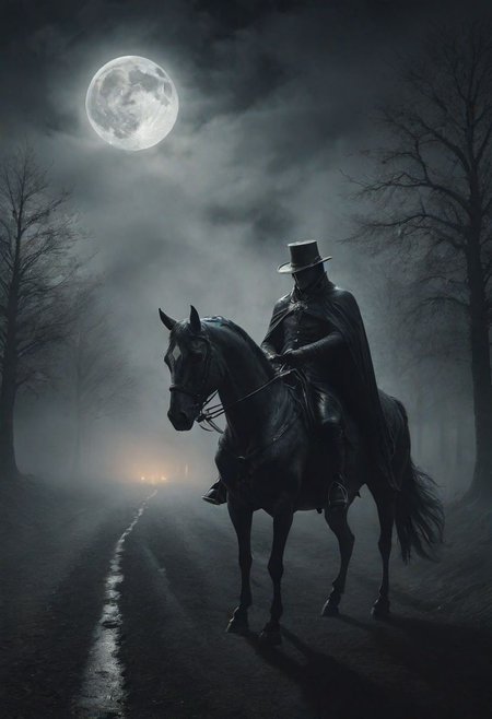Headless Horseman in ultra-high quality, eerie atmosphere, dark and spooky, detailed textures, cinematic lighting, horse, mist, moonlight, depth of field, photorealistic, 4k resolution