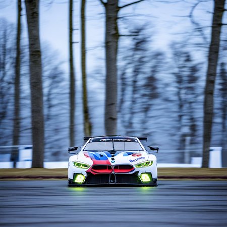 bmw m8 gte f92, car, outdoors, winter, tree, blurry, sky, weapon, sports car
