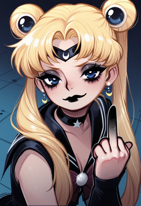 d0p4style,  masterpiece,  best quality, solo,  sailor moon, blonde hair, blue eyes,  mascara, smug, middle finger, goth, black lipstick,