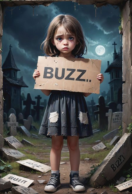 Very Detailed Digital Painting of close-up portrait of a sad little girl with torn clothes in a creepy alley late at night holding a cardboard sign with the text "BUZZ" on it, low-key lighting style, <lora:SDXLFaeTastic2400:0.6>,  <lora:Low-key lighting Style:1> Low-key lighting Style,  <lora:xl_more_art-full_v1:0.4>