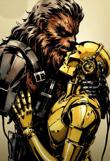<lora:Yoji_Shinkawa_Style_FLUX-000012:0.8>
This image is a stylized digital illustration with a gritty yshinkawa cyberpunk anime aesthetic, showcasing  Chewbacca making out with C3PO