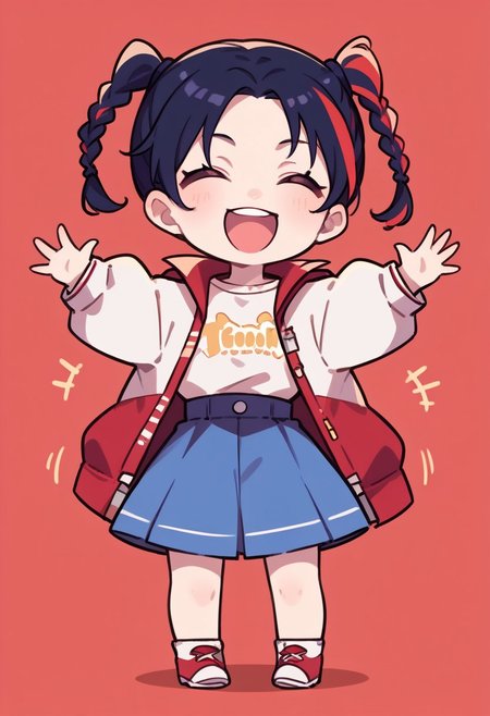 score_9, score_8_up, score_7_up, expressiveh, masterpiece, best quality, chibi, fca_style, girl standing, motion lines, 
1girl, yaolingp5x, multicolored hair, black hair, red hair, brown eyes, twin braids, red jacket, white shirt, blue skirt, waving arms, outstretched arms, closed eyes, open mouth, happy, screaming, 
Facing viewer, red background, full body, cowboy shot,simple background, source_anime, cute, chibi, kawaii, 2d color, simple color, simple shading, flat color, chibi body, chibi art style:1.1, fca_style, super deformer,
