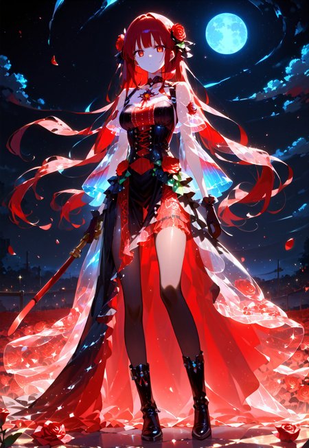 safe_pos, A beautiful woman wearing a black dress made mostly of sheer see-though cloth stands in a field of roses, 1girl, solo, pale skin, absurdly long red hair, hime cut, spread hair, voluminous hair, beautiful detailed eyes, red eyes, medium breasts, (gothic dress, sheer cloth, black), fashion, bioluminescent dress, underbust corset, long black opaque gloves, short black ruffled skirt, flared skirt, dress train, black choker (rose decoration), pantyhose, black thighboots, belts, looking at viewer, standing, expressionless, looking away, closed mouth, from front, full body shot, red theme, dark theme, scenery, detailed background, outside, night, moon, stars, flower field, roses, red roses, dappled moonlight, score_9, score_8_up, score_7_up, source_anime, masterpiece, best quality, very aesthetic, absurdres