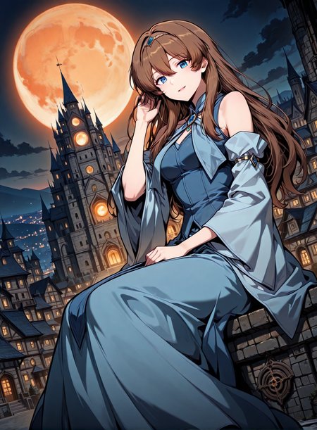 <lora:Anjac_Protesia__The_Knight_King_Who_Returned_with_a_God__Illustrious:1>
brown hair, long hair, hair between eyes, bangs, blue eyes
blue dress,  detached sleeves, hairband, skirt, long dress, wide sleeves, bare shoulders
score_9, score_8_up, score_7_up, very aesthetic, source_anime, detailed, high quality, beautiful, masterpiece, detailed eyes, castle, village, blurry background, cityscape, pose dynamic angle, light smile, open mouth, hand on hair, sitting, looking at viewer, night, orange moon, <lora:iLLMythG0thicL1nes:1>