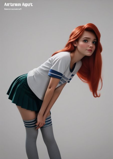 princess Ariel,, <lora:princess_pony_v1:0.5> 1girl thighhighs, t-shirt, <lora:AA_Ads_Only:.9> bent over, miniskirt, pleated skirt,445l34z3, 445l34z3ADVERT, american apparel,, score_9, score_8_up, score_7_up, score_6, score_5, score_4,