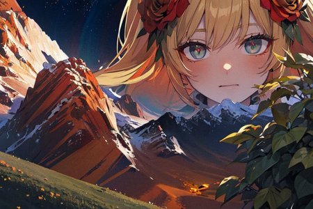 (masterpiece:1.4), 4K8K, (anime style), (high shutterspeed:1.4), (sharp edges), 
plants niji style,
flower rose, 1 woman prey with hands togather, neeling, leaning foward, 
wearing Celtic style dress, (Detailed face, Detailed eyes), 
(amber colored:1.4), in the Alps at night,