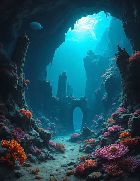 Imagine an image of an underwater cave filled with glowing coral, mysterious ruins, and strange aquatic life.