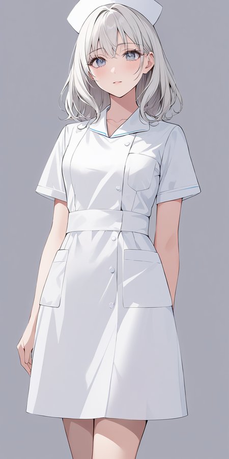 masterpiece,ultra-detailed,best quality,8K,illustration,cute face,clean skin ,shiny hair,girl,ultra-detailed-eyes,simple background, <lora:add-detail-xl:1> <lora:nurse_XL_V1.0:1> nurse, white dress, nurse cap,pantyhose