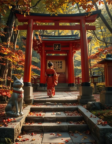 looking at viewer,A graceful Japanese (woman:1.4) standing in front of a traditional Inari shrine,arms behind back, wearing an elegant mauve kimono adorned with intricate floral patterns. Her dark hair is styled in a classic updo, decorated with delicate kanzashi hair ornaments. She has a serene and contemplative expression as she gazes towards the shrine. The scene is set in the late afternoon, with soft golden sunlight filtering through the vibrant red torii gates that create a tunnel leading to the shrine. The ground is covered with autumn leaves in warm shades of red, orange, and yellow. Stone fox statues, draped with sacred red bibs, guard the entrance, adding to the shrine's mystical aura. Traditional stone lanterns emit a soft, warm glow, enhancing the spiritual and tranquil ambiance. The background features lush greenery, contrasting with the shrineâs vivid vermillion hues. The image is in a photorealistic style, with high dynamic range lighting, capturing every intricate detail from the fabricâs texture to the play of light and shadows, evoking a sense of peace and tradition.
<lora:SDXLFaeTastic2400:0.4> <lora:extremely_detailed:0.4> extremely detailed, <lora:Inari_shr1n3:1>,Inari shr1n3, Masterpiece,best quality,hi res,8k,hi res,8k,award winning,(sharp focus, intricate, highly detailed),