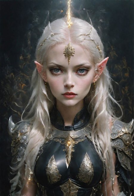 analog film photograph of the high queen, an elf female of unearthly beauty, very long straight white hair, very pale pink skin, light grey eyes, (natural ears:1.2)
mysterious smirking expression, looking down at the viewer, wearing (intricately decorated Milanese black (full cuirass) plate armor:1.4), intricately decorated with a damask, gold inlay, (brandishing a glowing sword pointed at the viewer:1.9),
elf queen, full body shot,
1girl, GLOWING STYLE