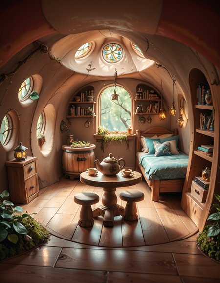 score_9, score_8_up, score_7_up,amazing quality, ultra realistic, 3D, HD, best quality, amazing quality, very aesthetic, absurdres
A highly detailed, realistic photograph of a tiny gnome house nestled at the base of an ancient oak tree, taken in soft morning light with a gentle mist hanging in the air. The house is crafted from natural materials: smooth stones form the lower walls, and curved wooden planks create a round, thatched roof with patches of moss and small wildflowers growing on top. Tiny circular windows with stained glass panels glow faintly from within, casting warm amber and green hues. A miniature wooden door with intricate carvings sits slightly ajar, surrounded by tiny lanterns that hang from delicate hooks, each softly glowing. Around the house, the forest floor is covered in dew-kissed clover, mushrooms of varying sizes and colors, and winding little cobblestone paths. In the background, tall ferns and oversized leaves tower, giving the scene an enchanted, hidden feel. Subtle rays of sunlight break through the canopy above, highlighting fine details with a dreamy, ethereal atmosphere. Hyper-realistic style, high-resolution, rich earthy tones, with an overall cozy and magical woodland vibe. No creatures or people, only nature and the charming architecture of the gnome's home.
<lora:SDXLFaeTastic2400:0.4> <lora:extremely_detailed:0.4> extremely detailed,tiny gnome h0us3 <lora:tiny_gnome_h0us3-p:1>