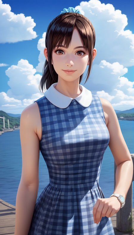 score_9,score_8_up,score_7_up,
<lora:miiyamotoHikari:0.8>,miiyamotohikari,
1girl,solo,black hair,ponytail,bangs,blue scrunchie,brown eyes,sleeveless blue plaid dress,white collar,white wristwatch,looking at viewer,medium breasts,portrait,smile,
outdoors,blue sky,sea,cloud,street,railings,distant large bridge,distant mountains,clear blue sky,soft clouds drifting,summer,beautiful landscape,vignetting,blurry background,