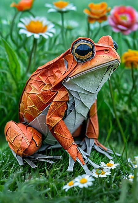 Full body illustration of ultra realistic very detailed cute orange red toad with big green very detailed dreamy cosmic eyes hiding in a very realistic very detailed colorful field of flowers in a realistic very detailed meadow, realistic very detailed grass, realistic very detailed trees, highest contrast, masterpiece, 32k, high contrast, vibrant colors, vivid colors, high resolution textures, crisp colors, ultra sharp, sharp focus, <lora:xl_more_art-full_v1:0.28>,
 <lora:add-detail-xl:1>,
 <lora:WildcardX-XL-Detail-Enhancer:0.7>  ,
 <lora:ral-vltne:0.8>