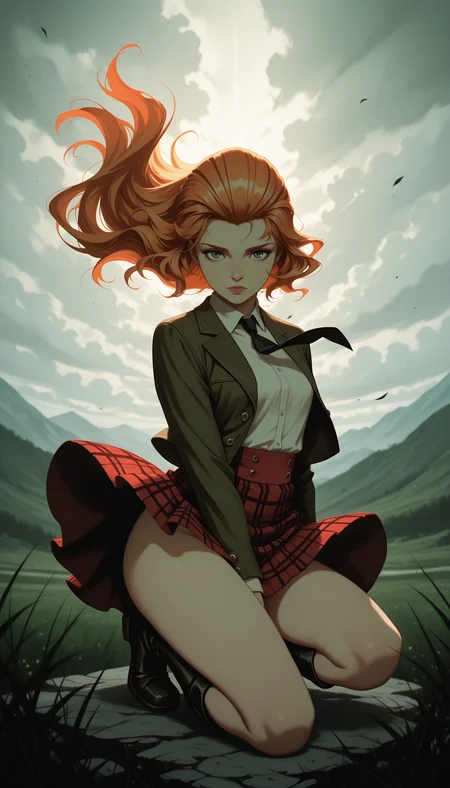 lazypos, 
masterpiece, best quality, newest, absurdres, highres, very awa, depth of field, chiaroscuro, quality
(white_gorilla_(okamoto)),graphite_(medium), rough_graphite, traditional_media, matte_colors,
1girl, solo, sexy, ginger_hair_(wavy, hair slicked back, long hair), green_eyes \(detailed eyes\), schotland_outfit_(tweed_blazer, white shirt, black tie, kilt), sexy legs, wind_lift_(tie, kilt), floating_hair, look at viewer,
sits, bend one knee, romatic_melancholy, 
scotland_nature as background_(green meadows, rocks, cloudy),
arcane style,artist:moriimee,gthan,
 <lora:Lydart:0.5> <lora:reij-rt:0.8> <lora:Arcane_Style_Illust_Ayanna_AI:0.2>  <lora:MoriiMee_Gothic_Niji_Style_Illustrious_r1:0.35> <lora:GTHAN2:0.6>