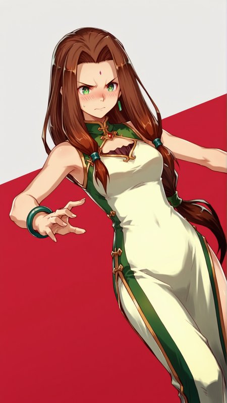 source_anime, general, best quality, masterpiece, 1girl, <lora:sania_ill:1> sania\(arkthelad\),long hair, brown hair,green eyes,facial mark,low-tied long hair, jewelry, china dress, bracelet,dynamic pose, dutch angle, flustered, (angry:0.7), (embarrassed:0.8),