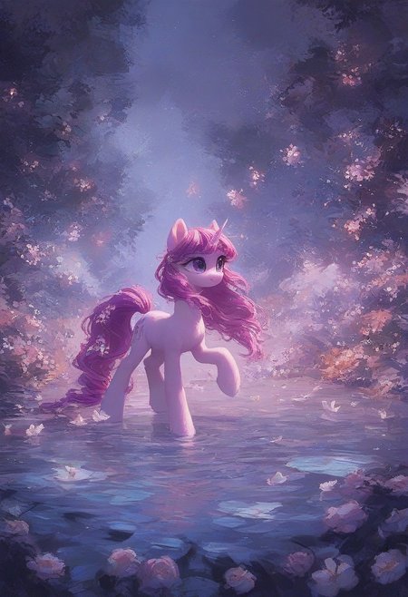 score_9, score_8_up, score_7_up, score_6_up, score_5_up, (flat colored: 1.2), fluffy body, (2d style:0.8), pony, mare, pony, unicorn, dance mane, dance in water, night, flowers,