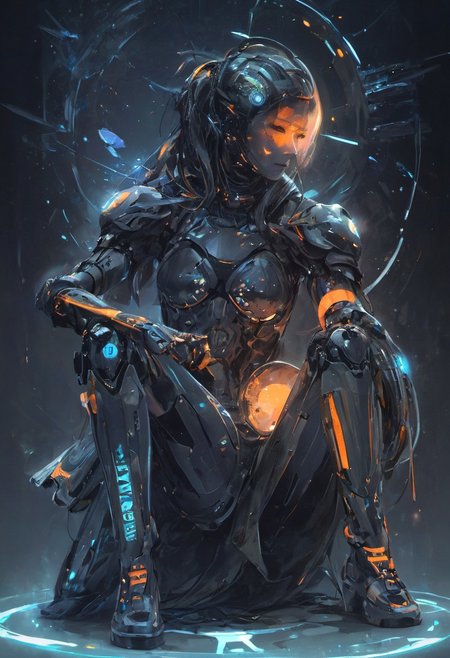 ((masterpiece, best quality, extremely detailed, absurdres)),(fantasic illustration, dynamic lighting), a beautiful goth girl sits with her guardian robot. she summons her magic as streaks of glowing light orbit her, (full body), 1girl, artistic use of contrasting colours and brightness, beautiful face, (interesting camera angle:1.2), <lora:flat2:-1.8>, 8k, very fine detail, cinematic composition and lighting