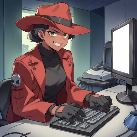 score_9, score_8_up, score_7_up, score_6_up, score_5_up, score_4_up, zPDXL2,source_anime,rating_questionable, 1girl,  solo, <lora:Typing:0.7> typ1ng, sitting, keyboard (computer), monitor, indoors, thief, red coat, red fedora, tanned skin, black gloves, hacker, black turtleneck, smirk, standing, dark, night, shadows