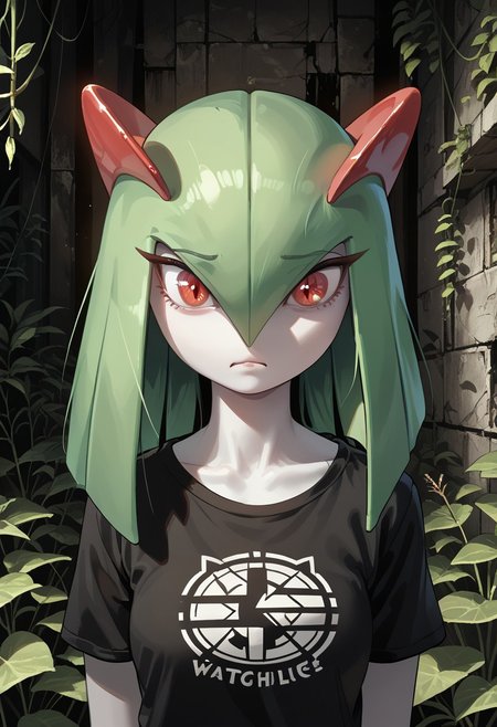 (((Kirlia))), female, anthro, pale white skin, score_9,score_8_up,score_7_up, masterpiece, best_quality, ultra-detailed, masterpiece, 1girl, solo, kirlia, very long hair, red eyes, afraid, perfect face, thick eyeliner, hourglass body, high quality, low light, dramatic lighting, darkness, intricate details, portrait, ((face focused)), wearing ripped dirty black t-shirt, detailed background, post-apocalypse background, ruined house, overgrown with plants, (perfect eyes:1.3,((cat pupils))),dvr-lnds-sdxl, combinestyle