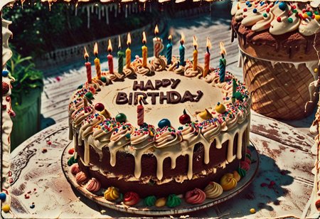 35mm Vintage photo of an ais-bday cake, (text 'Happy Birthday') on a table with ice cream, on back terrace in the bright midday sunlight