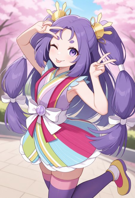 1girl,solo,<lora:irohappnil-000010:0.9>,iroha_ppn,purple eyes,purple hair,long hair,twintails,short eyebrows,thick_eyebrows,hair ornament,low-tied long hair,kimono,japanese clothes,sleeveless,multicolored clothes,purple thighhighs,white obi,looking_at_viewer,cowboy_shot,dynamic_angle,smile,wink,;p,standing_on_one_leg,yellow shoes,leg up,v,armpits,park,cherry blossoms,incredibly absurdres,masterpiece,best quality,good quality,newest,