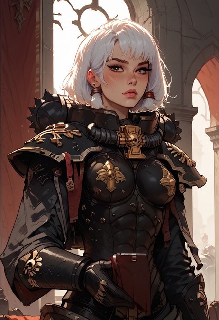 score_9, score_8_up, score_7_up, score_6_up, 
rating_explicit, cartoonish, Kaye_BP, 1 girl, solo, tall, muscular, beautiful, white hair, hair tubes, freckles, hazel eyes, large breasts, confident, proud, adepta sororitas, wh40k, battle sisters, power armor, black armor, pauldron, aesthetic, s1_dram,
gothic cathedral interior, sunset, glass stain window behind her, backlit
perfect human hands, feminine hands
Sororitas, s0r0r1t@s, power armour, armor, shoulder armor, power armor,close up shot