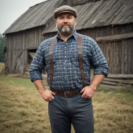 photo of a chubby, beefy swiss farmer standing in front of an old rusty dark swiss barn, wearing plaid lumberjack shirt with buttons open and dirty blue worker pants, hairy chest, dslr, ultra quality, sharp focus, tack sharp, crystal clear, 8K UHD