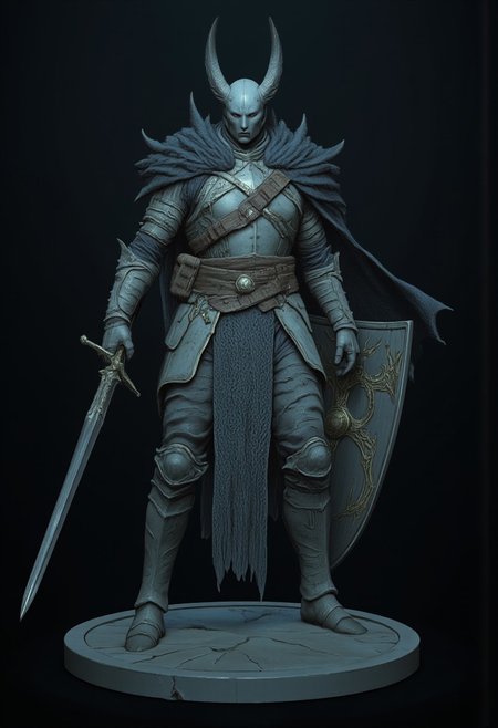Standing in a hyper stanced extended action pose
A feathered knight with a cape, holding a templar shield, and a gladiator sword, wearing a praetorian helmet, rustic armor and leather sash
Set against a solid dark color background to emphasize its unsettling unnatural form that emphasizes its silhouette. The medium is not a traditional painting or illustrative medium like watercolor or ink but rather a digital 3D rendering.
MikeFranchinastyle, d4artstyle, d4concept, , bbstyle,, horror theme,, zbrush, ZBClay model of a gray sculpture, 1990's, 1990's style
