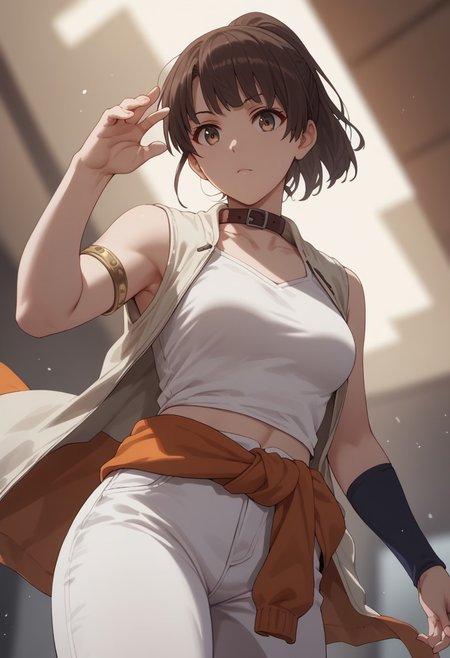 safe_pos, score_9, score_8_up, score_8, score_7_up, score_7, blurry abstract background, 
1girl, katou megumi, Megumi <lora:KatoMegumi:1>,brown hair,katou megumi,brown eyes, medium breasts, ponytail , short hair, collar,armlet,jacket around waist,orange midriff,white pants,single elbow glove, dynamic pose, dynamic angle, perspective, fingers fix 