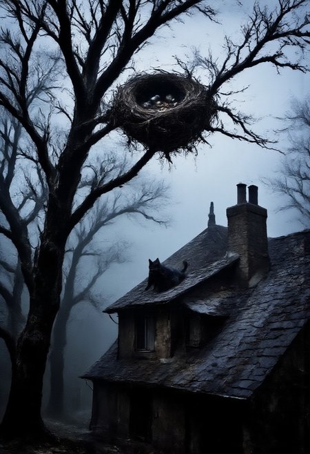 a dense tree near a house, tree has a nest, nest has broken egg shells, roof top, some branches from tree are growing just above the house, old house, evening, trees, dark atmosphere, fog, a black cat sleeping on roof top near chimney, roof is covered up by broken leaves and branchlets,