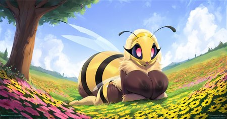 score_9, score_8_up, 1girls, abdomen, anthro, arthropod, arthropod abdomen, bee, bee girl, female, female only, field, flower, insect girl, insect humanoid, insect wings, outside, side view, sky, solo, tree, (huge breasts, nipples,  squish, kneeling, thick thighs, ) , <lora:Blossom:1>