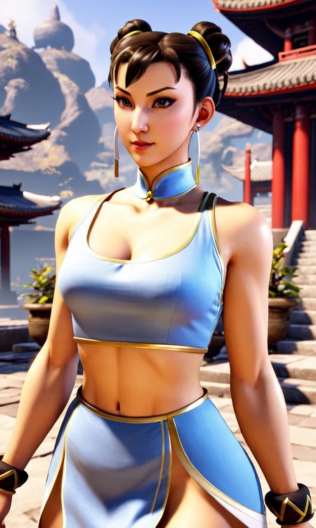 a woman walking in a temple, chun-li,brown eyes,  double bun, black hair, best quality, looking at viewer,  <lora:sf6sdxl:0.9>, sf6sdxl, kung fu,  game cg,