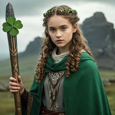 A young druid girl clad in a long Celtic cloak, holding an ancient scroll inscribed with runes, arcane ruins, easynegative, detailed face, looking at viewer, insightful look,( sword raised above head:1.5), charming benevolent bold look, focus on the face, remnants of a more advanced civilization, fight for the future,( Four-leaf clover:1.5), curly hair