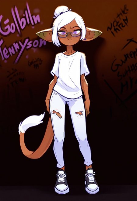 masterpiece, best quality, newest, absurdres, highres, furry, perfect anatomy, (Gwendolyn_Tennyson G0b1),1girl,solo,goblin girl,dark-skinned female,pointy ears,short hair,white hair,single hair bun,purple eyes,semi-rimless eyewear,freckles,colored skin,tail, white shirt, graphic t-shirt, ripped jeans, denim, sneakers, black and white shoes, underpass, graffiti, posing, secluded, solo, solo focus,