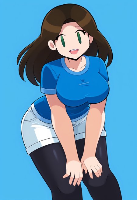 score_9, score_7_up, hd, (ultra hd quality details), blue background, flat colors,
solo, 1girl, sdlggy, large breasts, parted bangs,
blue shirt, short sleeves, white shorts, pantyhose under shorts, black pantyhose,
looking at viewer, smile, open mouth, 
standing, leaning forward,
<lora:_shadowleggy_oc-elesico-e09:1>