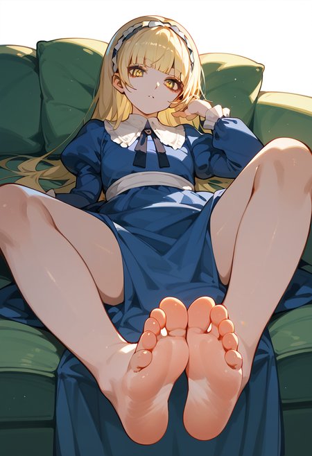 score_9, score_8_up, score_7_up, 1girl, solo, <lora:zs_AliceXL:1> alicesmt, dress, long hair, blonde hair, hairband, blunt bangs, puffy sleeves, blue dress, yellow eyes, sitting, lying, barefoot, soles, spread toes, couch, looking at viewer, foot focus, perspective, dim lighting,