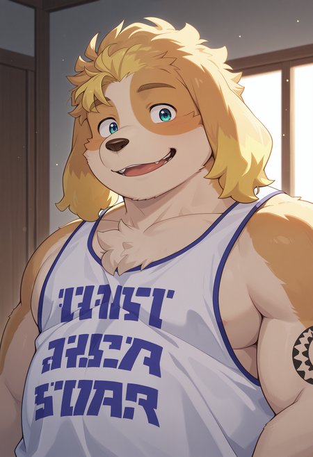 masterpiece, best quality, amazing quality, solo, 1boy, HisakiLAH, white tank top, upper body, smile