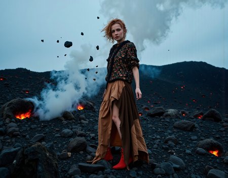 Portrait photo of Teresa palmer, teresapl, wearing avant-garde, surreal revealing high fashion skirt in an otherworldly volcanic landscape. Small pebbles of lava are raining down and some of them go into her hair and on her clothes and they catch fire, captured with a Hasselblad X2D 100C camera and a 110mm f/2.0 lens. Set the aperture to f/2.8 for a shallow depth of field, keeping the subject in sharp focus while subtly blurring the apocalyptic terrain. The composition should follow the rule of thirds, placing the subject slightly off-center against the dramatic backdrop of steaming fumaroles and jagged lava fields. Adjust the shutter speed to 1/250 to freeze any movement in the flowing fabrics of her eccentric outfit. Set the white balance to neutral to balance the stark contrast between the dark volcanic rocks and the icy blue sky. Use atmospheric mist and low-angle lighting to create an ethereal, dreamlike effect, enhancing the surrealism of the scene.