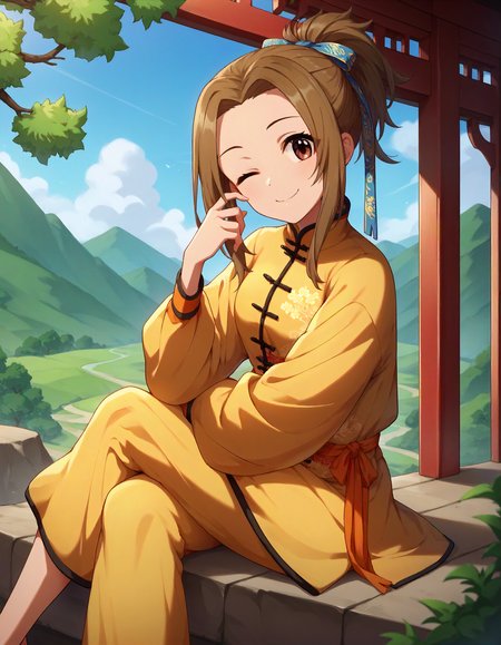 score_9,score_8_up,score_7_up,1girl,solo,sitting,crossed legs,looking at viewer,smile,one eye closed,outdoors,valley,
<lora:manabeitsuki_ponyXLV6:0.7>,cgmi,brown hair,long hair,ponytail,brown eyes,
hair ribbon,yellow chinese clothes,long sleeves,oversized clothing,oversized pants