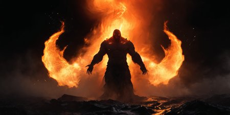 ((full body)), (humaniod), (prometheus), (mythology), giant godlike translucent fire elementar consisting of pure flames ermerging from a lava lake, fire dropping from his arms, (sparks), (night), (orange lightning in the sky), subsurface scattering, (cracks),  ((smoke)), steam, , epic, (cinematic),  <lora:sss:1.4> <lora:Desolation:0.8> desolation