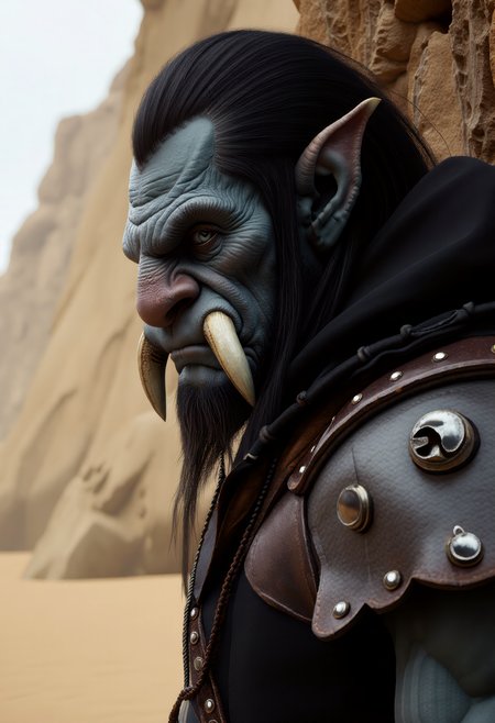 ck-0rcs, this is an image of a orc, dark-skinned orc type creature with a large, flat nose and prominent, 2 large orc tusks, dark shoulder length hair, wear a dark hooded tunic below leather shoulder pads, embellished with worn metal studs and rivets. Standing at partially sideways at the side of the image, in front of rocky area in the middle of the desert, taking cover from a massive sand storm in the distance.  <lora:flux/Realism 2>, realism, realistic, <lora:art and styles/MysticFantasy.safetensors:1.0>,  <lora:fantasy portrait by cosmic.safetensors:1.0>,  <lora:ck-Orcs-000016:0.4>