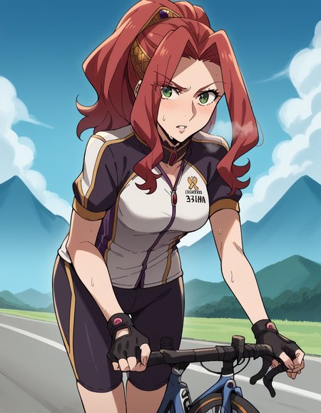 score_9, score_8_up, score_7_up, source_anime, <lora:malty-melromarc-s1s2s3-ponyxl-lora-nochekaiser:1>, malty melromarc, long hair, green eyes, red hair, parted bangs, ponytail, medium breasts,, <lora:cycling-uniform-ponyxl-lora-nochekaiser:1> cycling uniform, bicycle, bike jersey, bike shorts, biker clothes, fingerless gloves, gloves, road bicycle, short sleeves,, road, mountains, ocean, blue sky, clouds, bent over, parted lips, sweat, steam, blush, cowboy shot,